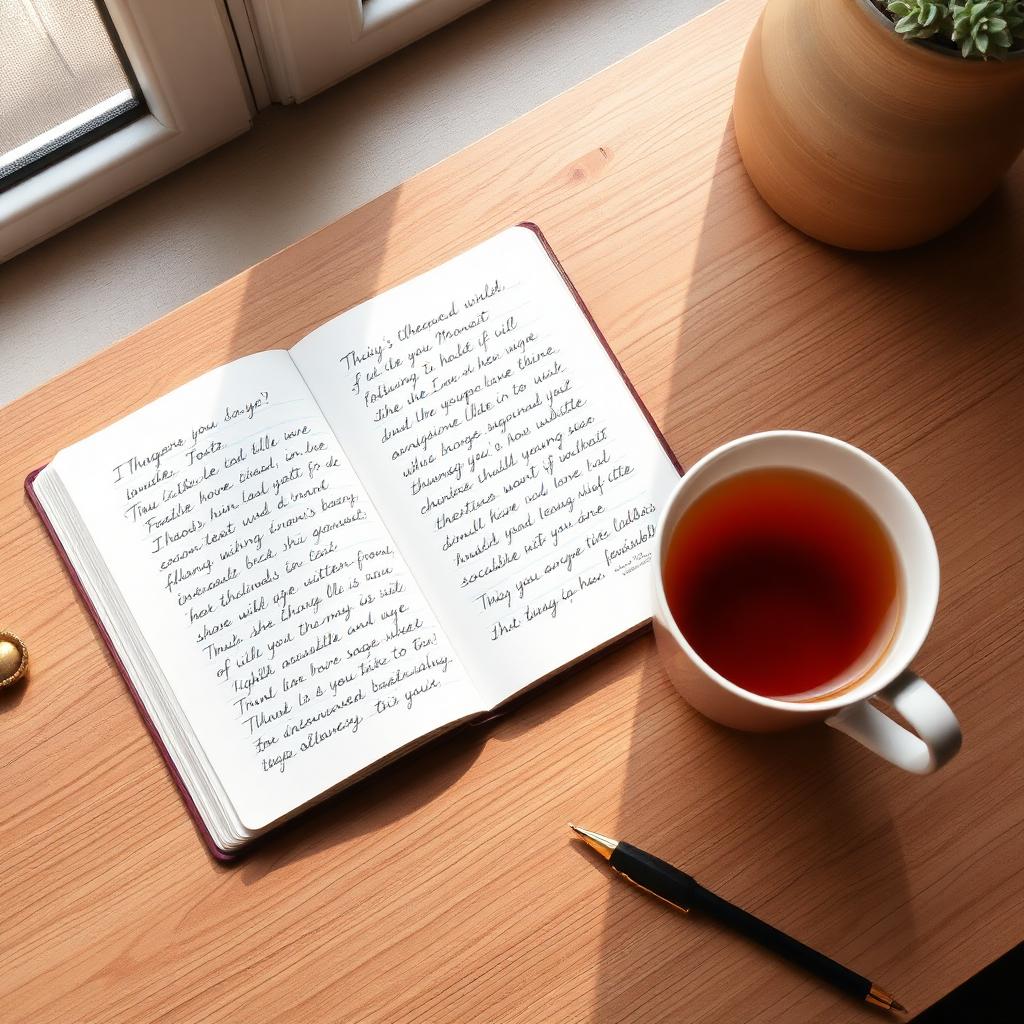 Cuaderno de notas y taza de té sobre escritorio