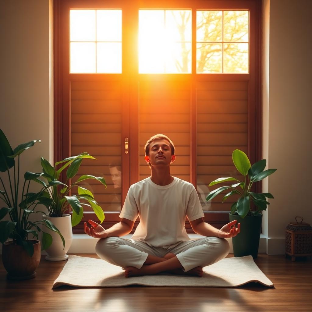 Persona meditando junto a una ventana con plantas